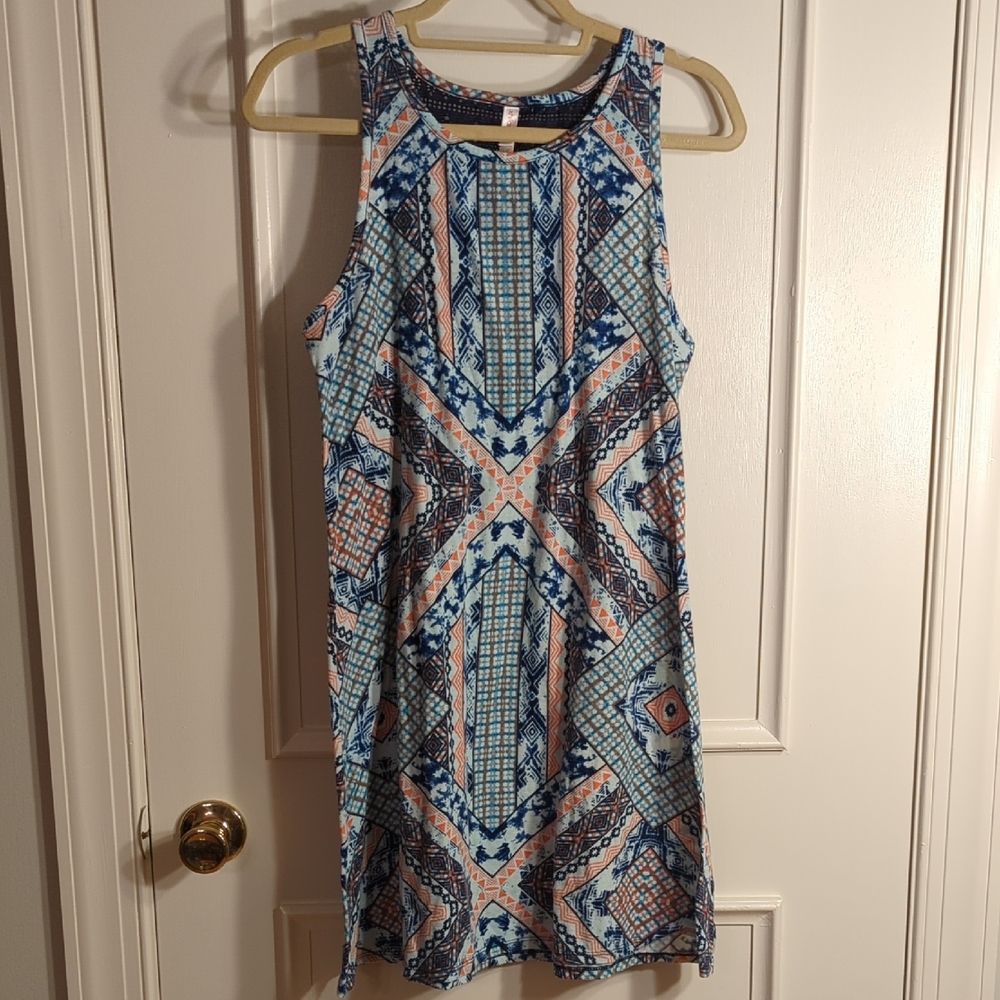 Geometric Blue and Pink Sleeveless Dress
